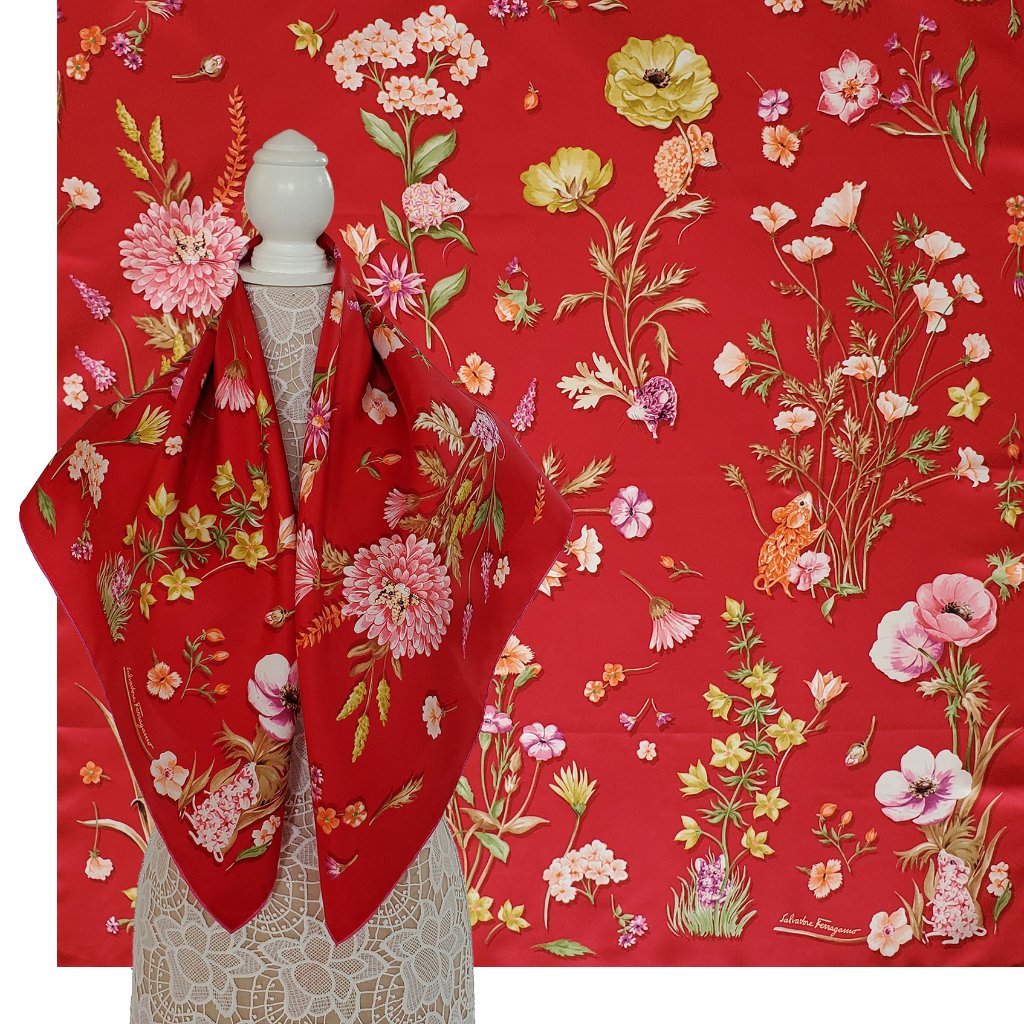 Salvatore Ferragamo Scarf Signature Flower Mouse Multi Color Print Silk 35"